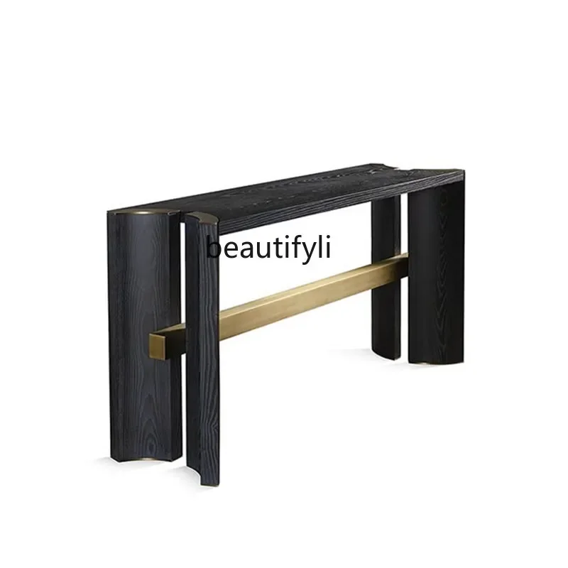 

Nordic light luxury solid wood entrance table foyer wall decorative cabinet creative stainless steel strip case end view table04