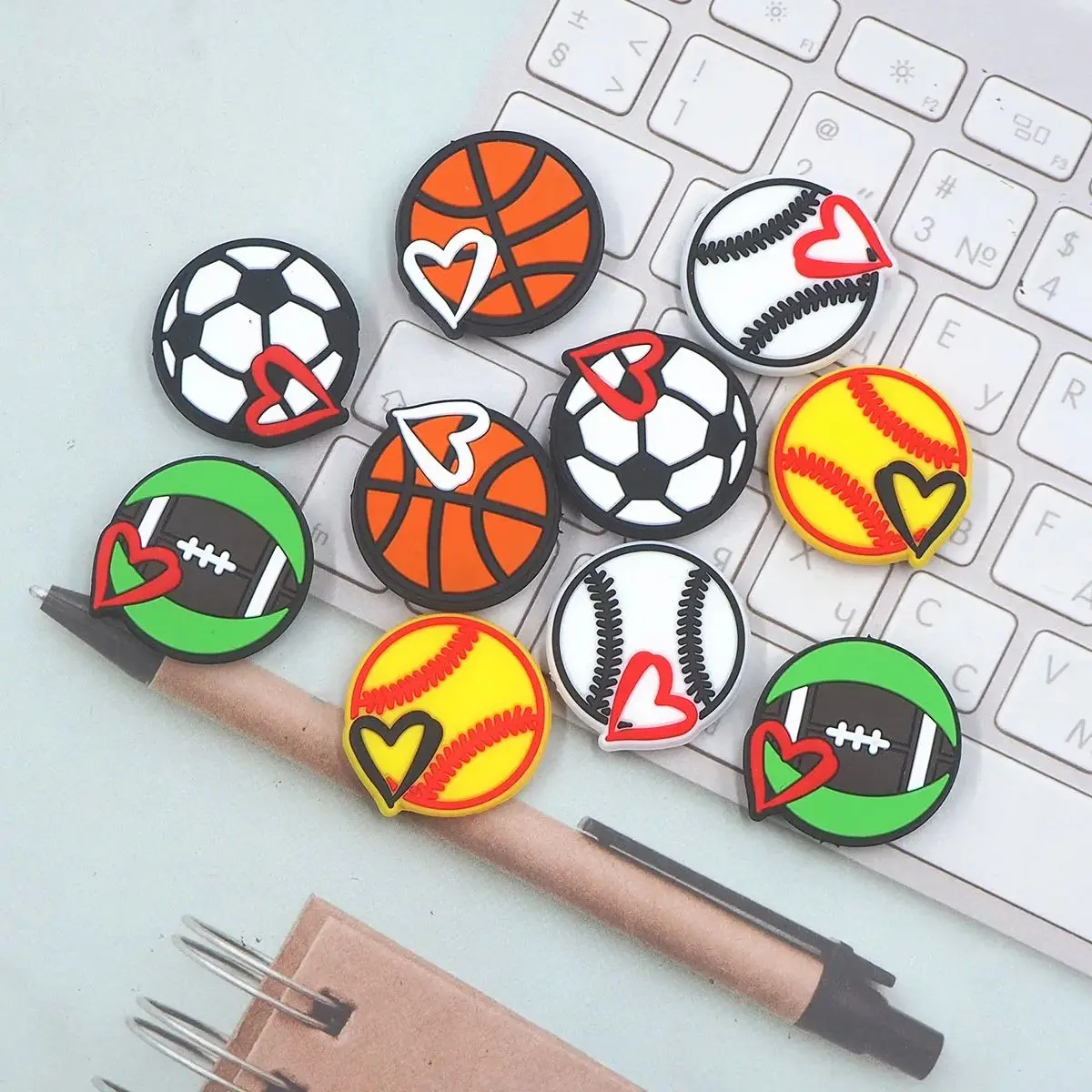 

Chenkai 10PCS Love Baseball Soccer Silicone Focal Beads For Beadable Pen Silicone Charms for Pen Keychain Making Characters