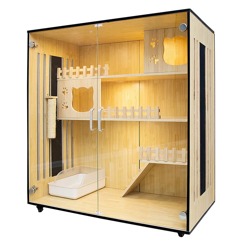 فيلا قطط من الخشب الصلب، وخزانة قطط فاخرة كبيرة الحجم، وطبقة مزدوجة واستخدام منزلي ثلاثي الطبقات #1