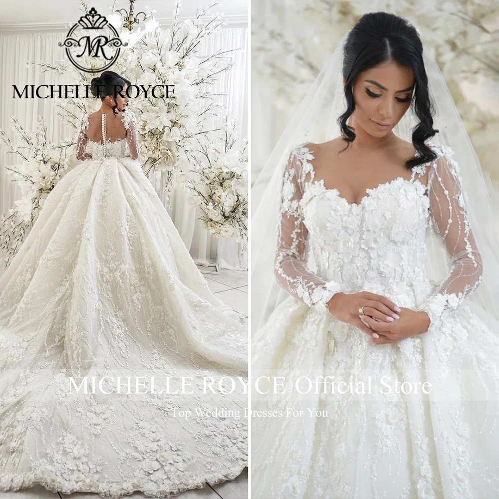 Michelle Royce Luxury Ball Gown Wedding Dresses For Women 2024 Sweetheart 3D Flowers Long Sleeves Wedding Gown Vestidos De Novia