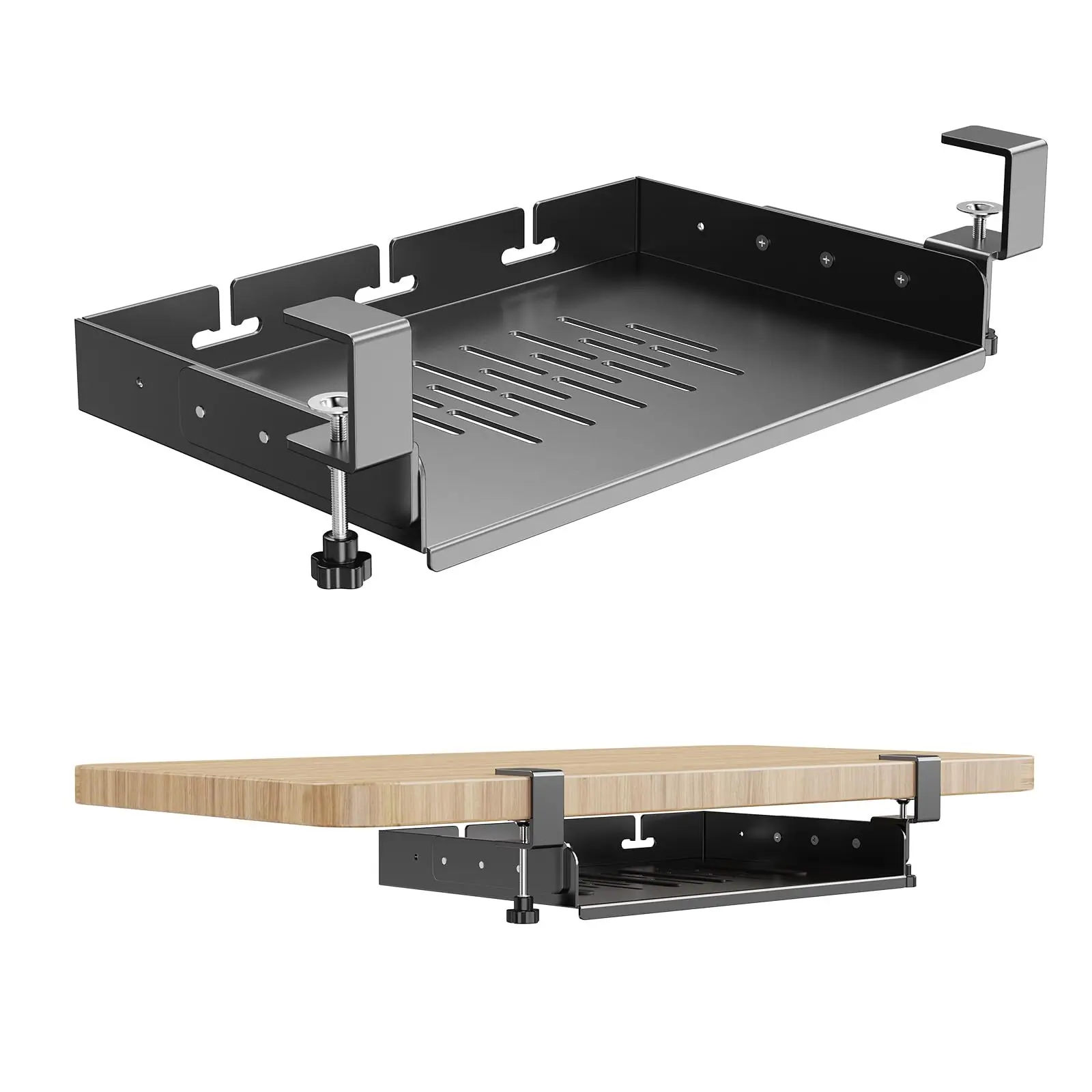 No Drill Under Desk Laptop Mount, Metal Under Desk Storage Shelf with Cable Management, Laptop Storage Tray Fits Office, Gaming