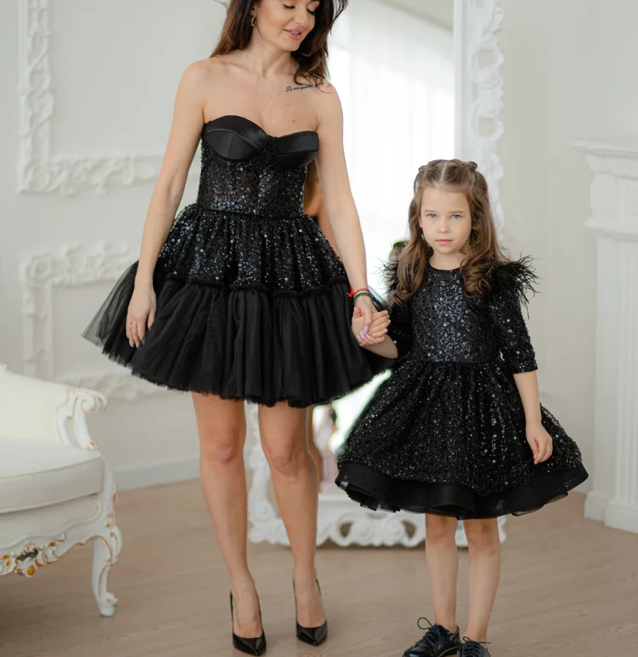 New Mother Daughter Matching Gowns Glitter Tulle Beautiful Girls Birthday Party Gowns Kids Clothes Photoshoot Two Pieces