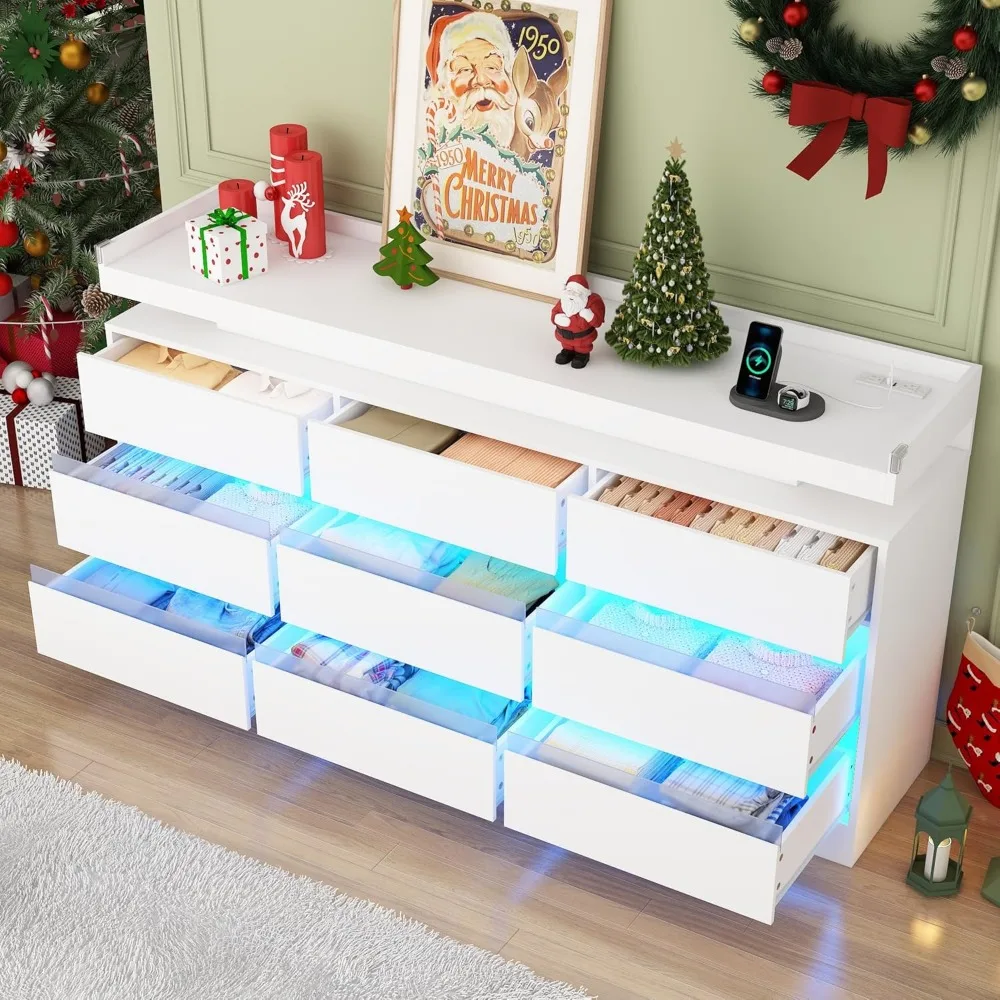Cassettiera a 9 cassetti con presa di corrente e luce a LED, cassettiera moderna per armadio, cassettiera moderna di grandi dimensioni per essere