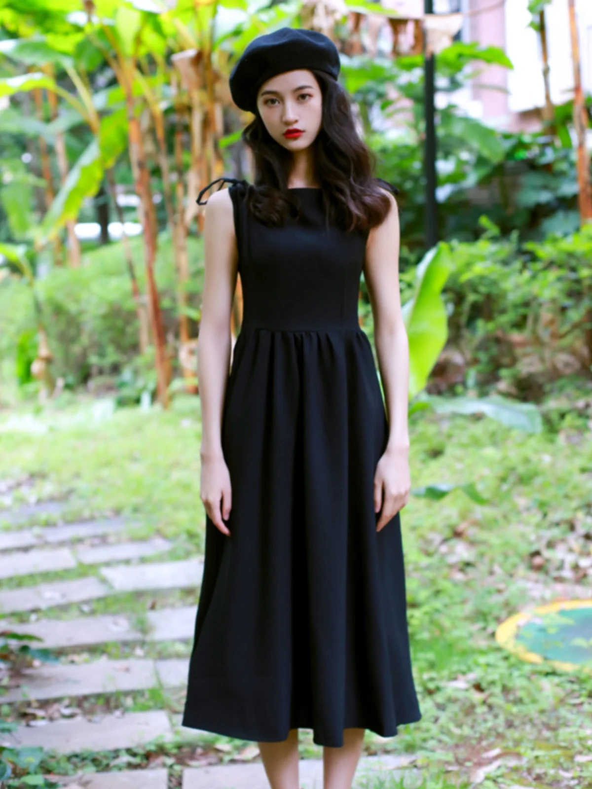 

Retro Hepburn Style Little Black Dress Belted One Shoulder Waist Cinching Slimming Women's Party Midi Dress Spring Summer