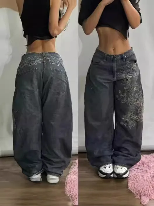 Calças de ganga de pernas largas para mulher, estilo streetwear Y2K, com design assimétrico, combinação de duas cores, estampado de bolinhas, detalhes