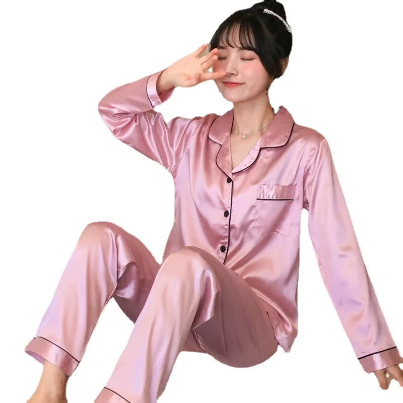 Pijamas de seda fina para mujer, ropa de casa con cuello holgado, pantalones largos de manga larga, conjunto de dos piezas, ropa de dormir femenina, primavera y otoño