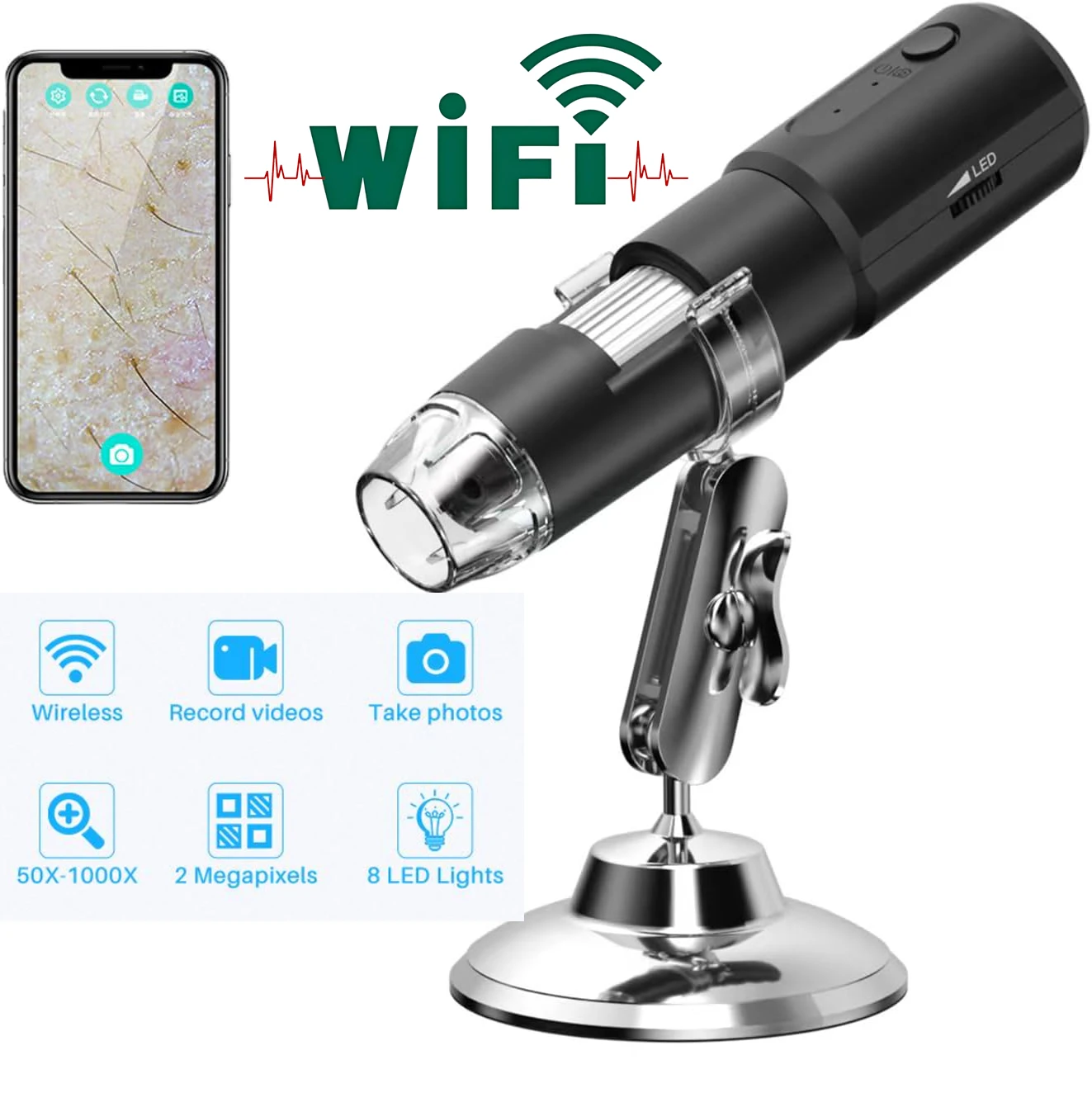 Wireless Digital Microscope, 50X-1000X Magnification WiFi Portable Handheld Microscope with Adjustable Stand HD USB Microscope C