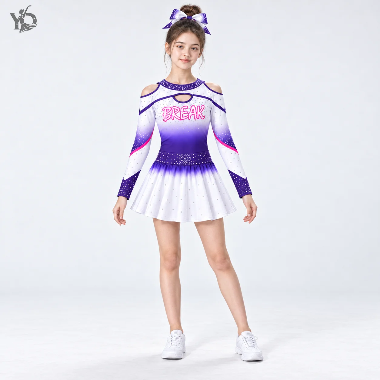 Girls White Purple Crystal Cheer Uniform Long Sleeve Open Shoulder Keyhole Neck Ombre Flared Skirt Dance Team Performance Dress