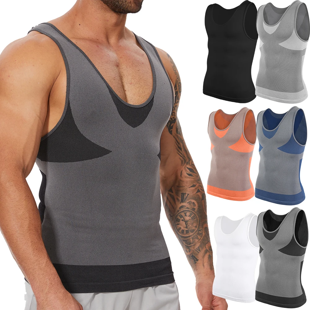 

Compression Shirt Mens Slimming Vest Body Shaper Cross Color Undershirts Tank Tops for Men Tummy Control Fitness Workout Clothes