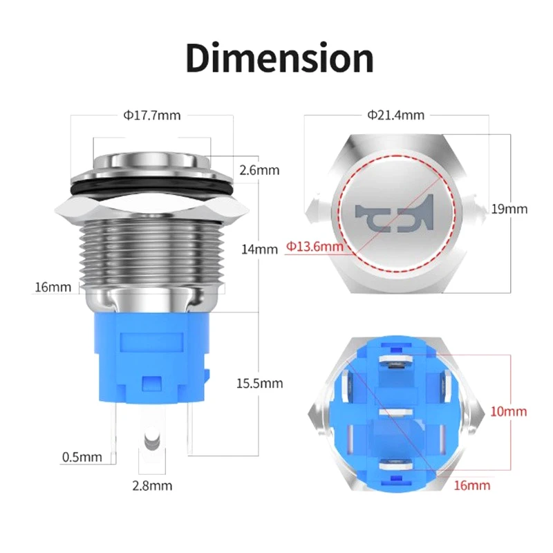 1Pcs 16mm 12V Momentary Speaker Speaker Button Toggle Switch Installation Hole With Car Pre Wiring Socket