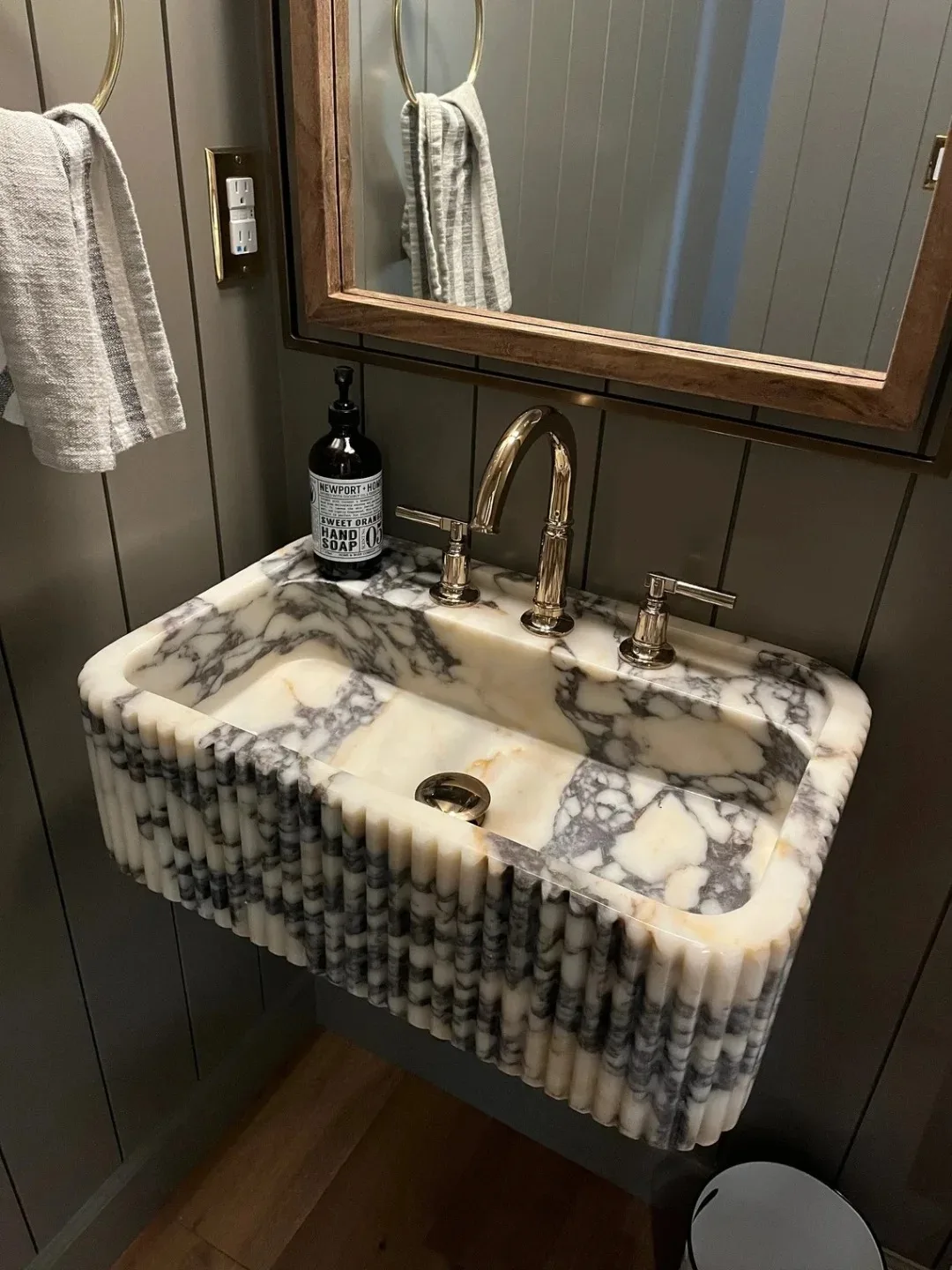 Wall-mounted groove polished modern natural Karakata violet marble sink wash basin