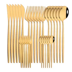 30pcs Gold Dinnerware Set Stainless Steel Steak Knife Fork Coffee Spoon Teaspoon Flatware Dishwasher Safe Kitchen Tableware Set