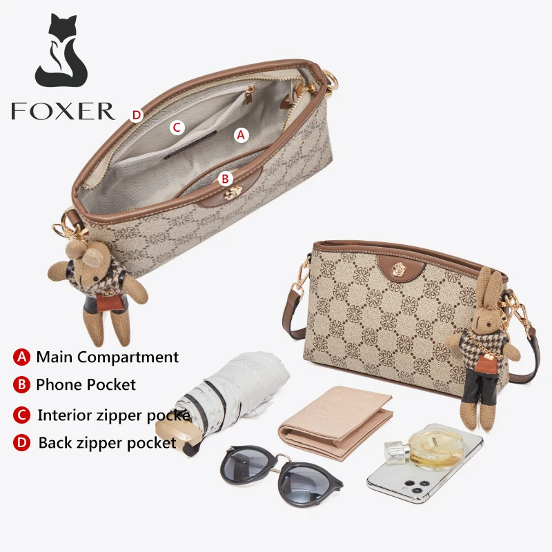 FOXER Brand Women Monogram Printing PVC Crossbody Female Fashion PU Leather Soft Messenger Bag Lady Shoulder Bag Gift For Girl\'s