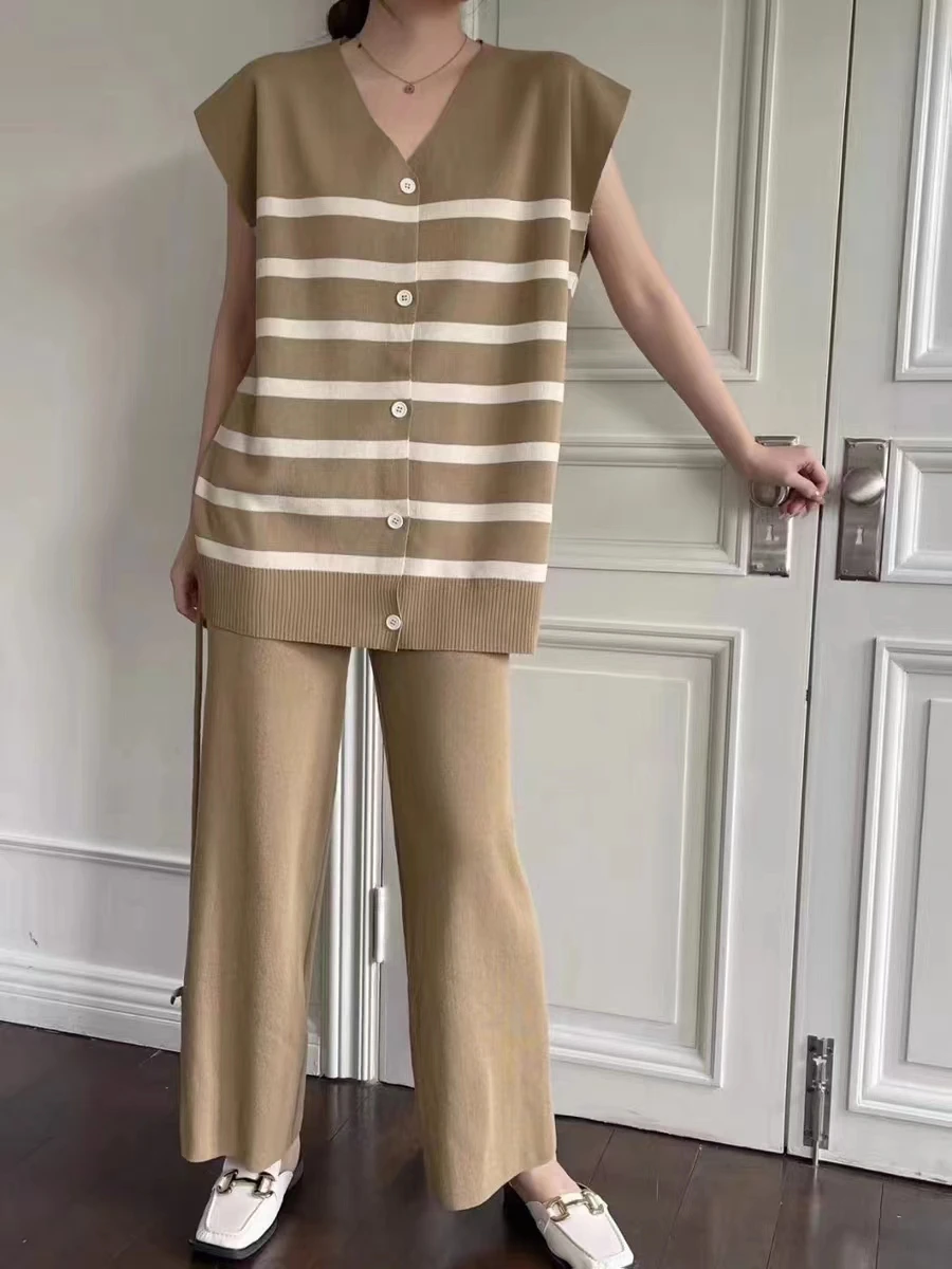 Vintage Loose Knit 2 Piece Pant Set Women Outfits 2023 Summer V-neck Striped Cardigan & Wide Leg Pants Suits Korean Elegant Sets