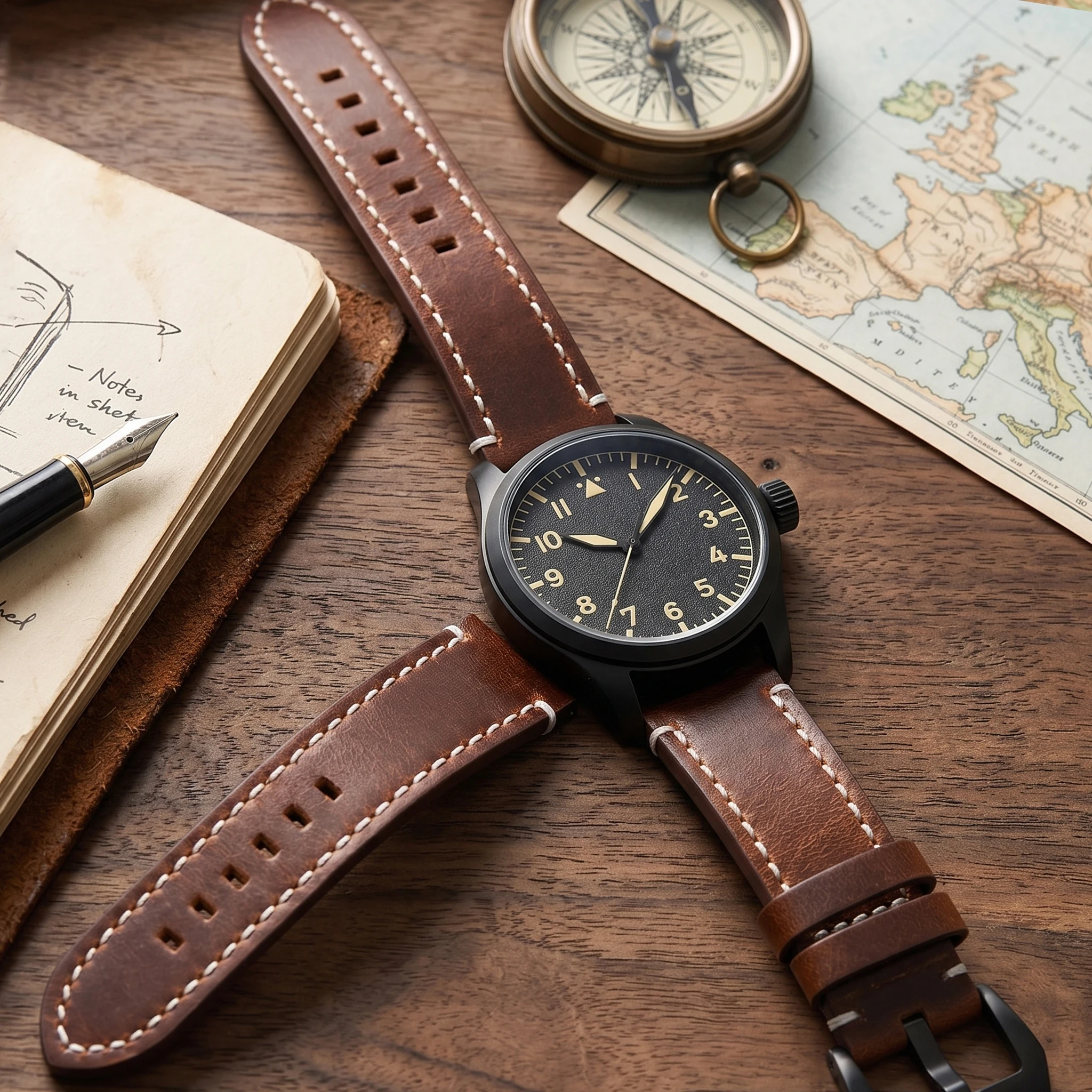 

Quick Release Oil Wax Leather Watch Band 18mm 20mm 22mm 24mm Vintage Dark Brown Strap White Stitching Pin Buckle Men