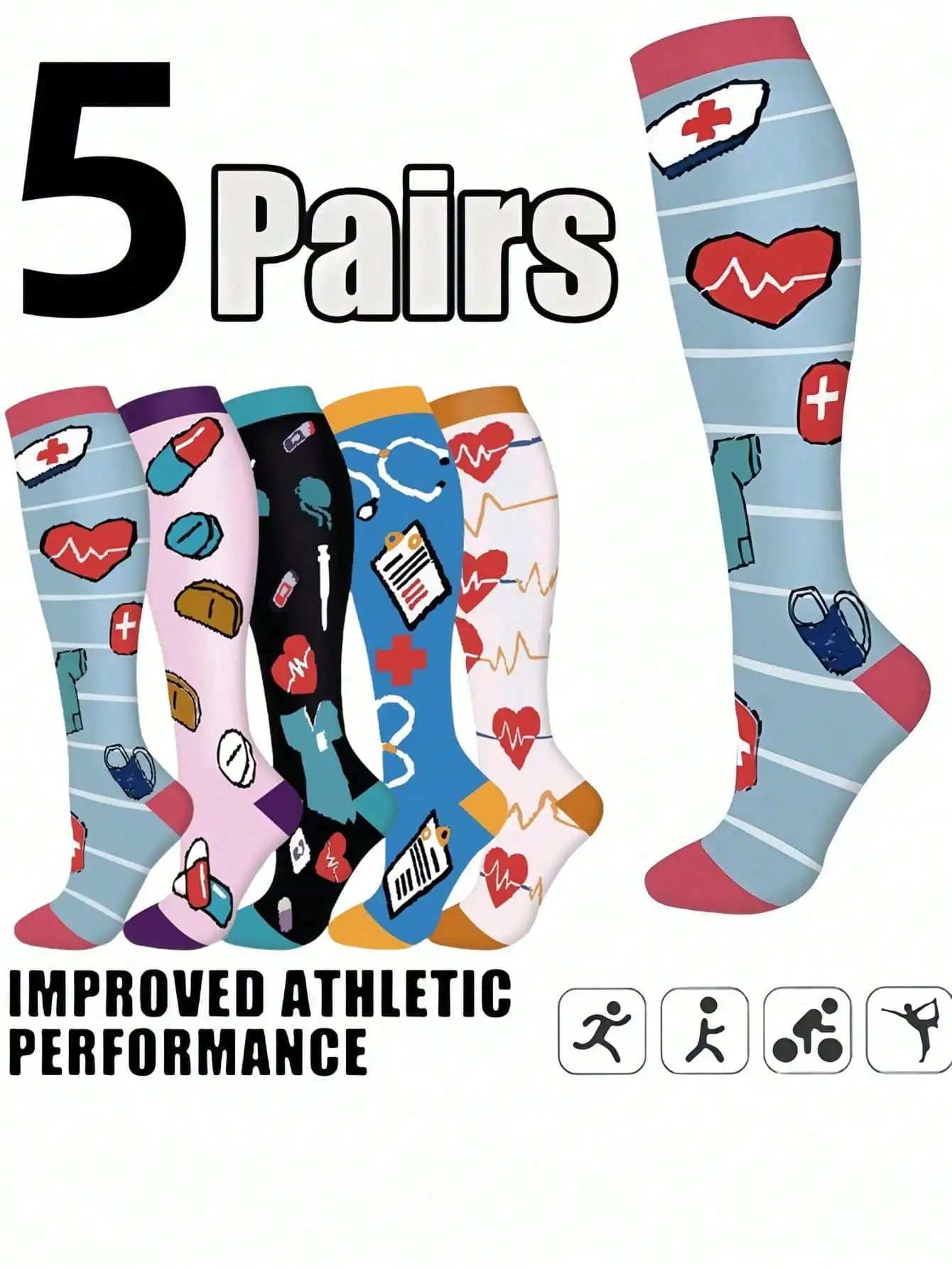 

5 Pairs Unisex Floral Pattern Compression Socks, Suitable For Nurses, Graduated Support, Breathable Cute Design, Ideal For Travel, Running And Other Occasions, Floral Pattern Compression Calf Socks, Women's Festival/Mother's Day Gift Socks, Y2K Style,