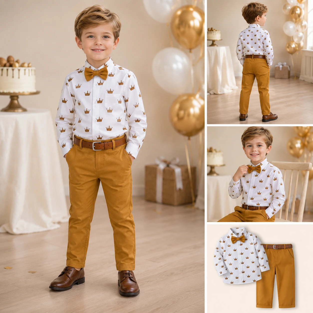 Formelles Geburtstagskostüm für Jungen, langärmelig, Gentleman-Gürtel-Set, 1–7 Jahre, für Kinder, Frühling und Herbst, Hemd mit Kronenmuster und fester Hosenanzug