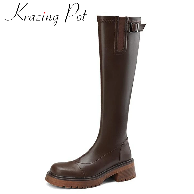 

Krazing Pot Cow Leather Round Toe Thick High Heel Knight Boots Platform Rivets Stovepipe Zip Causal Belt Buckle Thigh High Boots