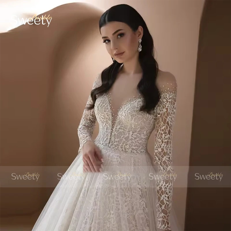 Abito da sposa elegante con perline in organza con ricamo Abito da ballo a trapezio O-Collo Abito da sposa a maniche lunghe Vestido De Novia personalizzato ﻿