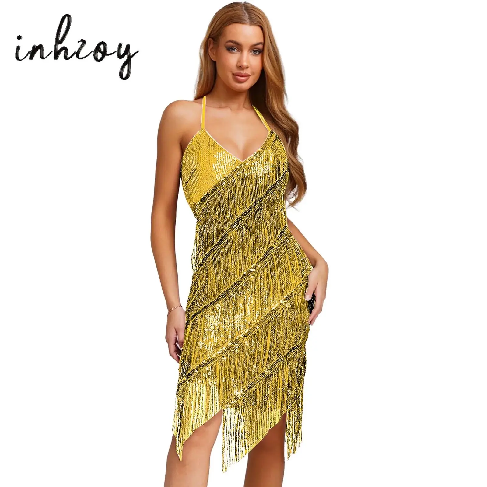 

Womens Latin Tango Dance Dress V Neck Open Back Tiered Sequin Tassel Lace-up Bodycon Mini Dress Dancewear for Chacha Rumba Salsa