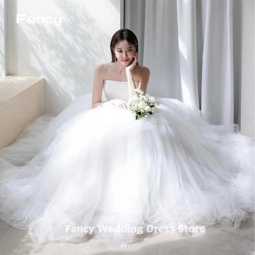 

Fancy Fairy Ivory Strapless Korea Wedding Dress Photo Shoot A Line Soft Tulle Floor Length Bridal Gown Custom Made Lace Up Back