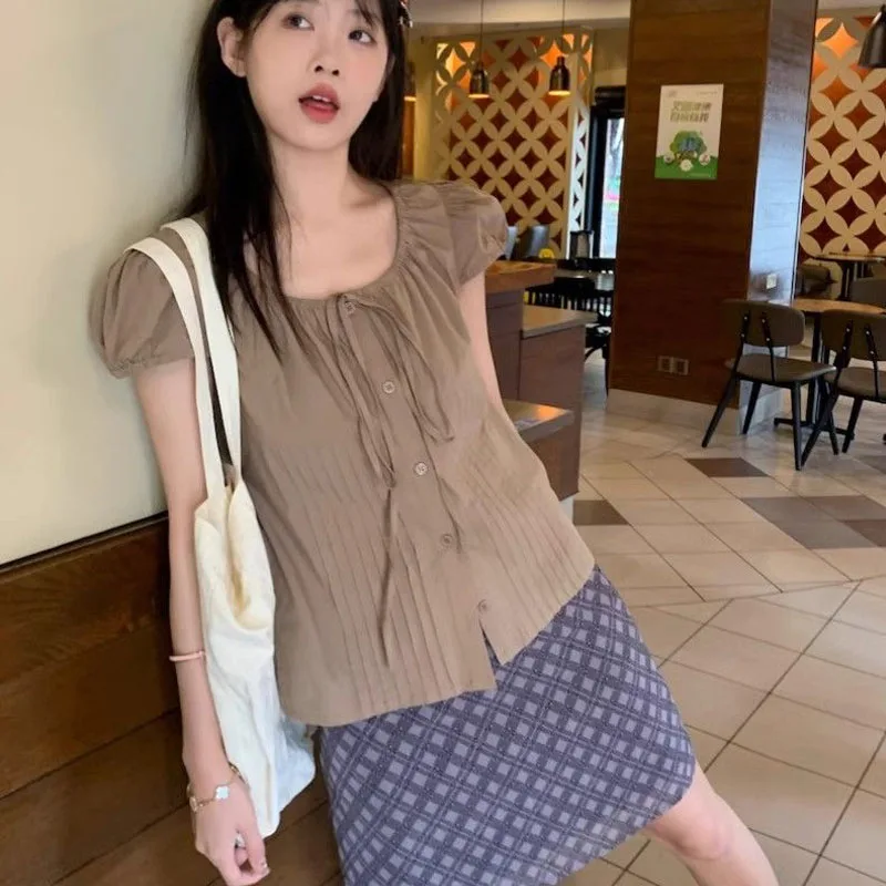 Solid Color Design Sense Harajuku Frenulum Pleated U-neck Shirt Women 2024 New Summer Loose Casual All-match Preppy Style Tops