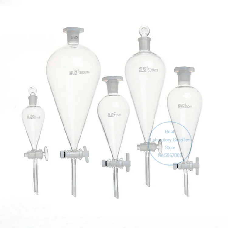 1piece Glass Pear-Shaped Separating Funnel with PTFE/ GLASS Piston for Laboratory Oil Separation 60ml/125ml/250ml/500ml/1000ml