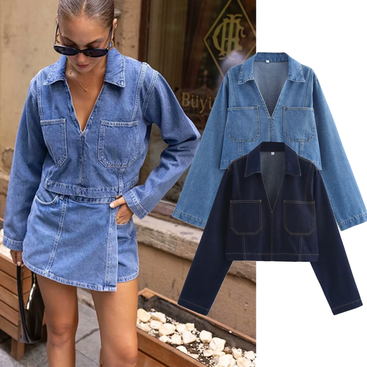 Withered High Street V-neck Crop Top Short Blouse 2024 Autumn Women Long Sleeve Denim Shirt For Ladies