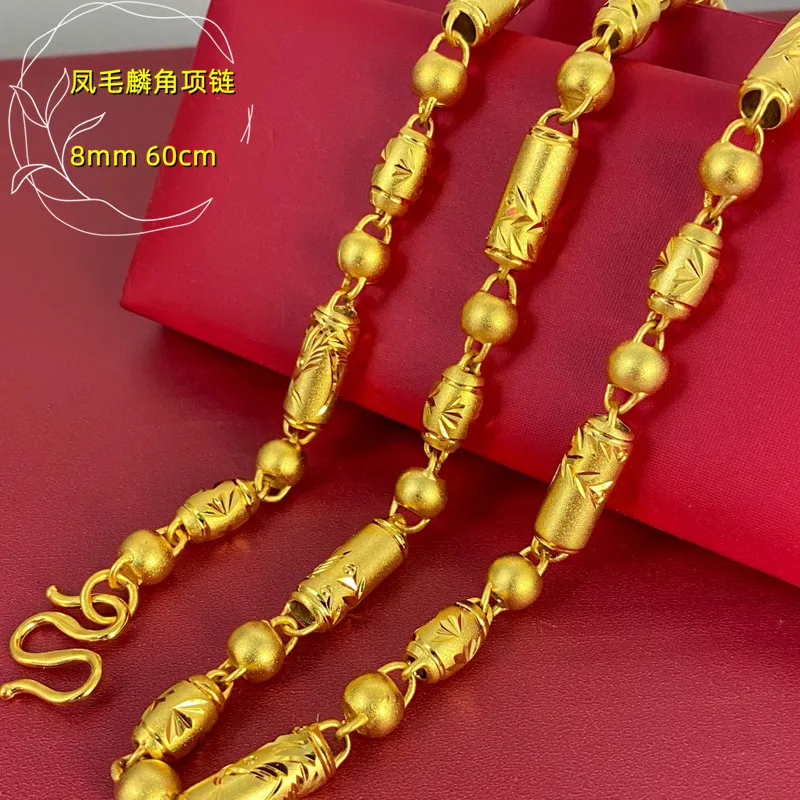 uxury real gold jewelry 9999 24K real gold 8mm ancient French turned flower men's necklace phoenix flying dragon column necklace
