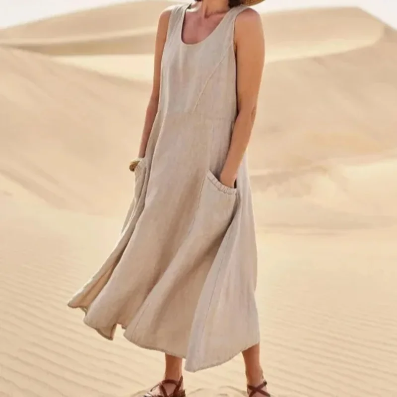 

2023 summer casual loose-fit women's dress sleeveless solid color round neck long cotton linen dress imported Europe America