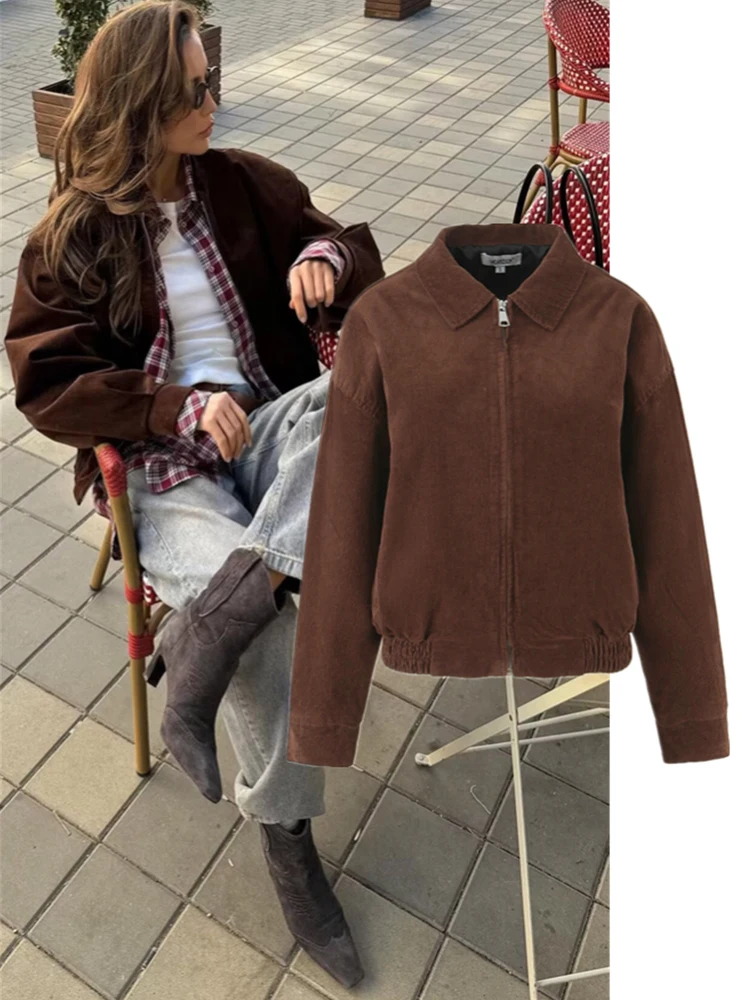 Chaqueta Corta de Pana Estilo Retro Americano para Mujer, Cuello de Trabajo, Manga Larga, Ajustada a la Cintura, Entallada