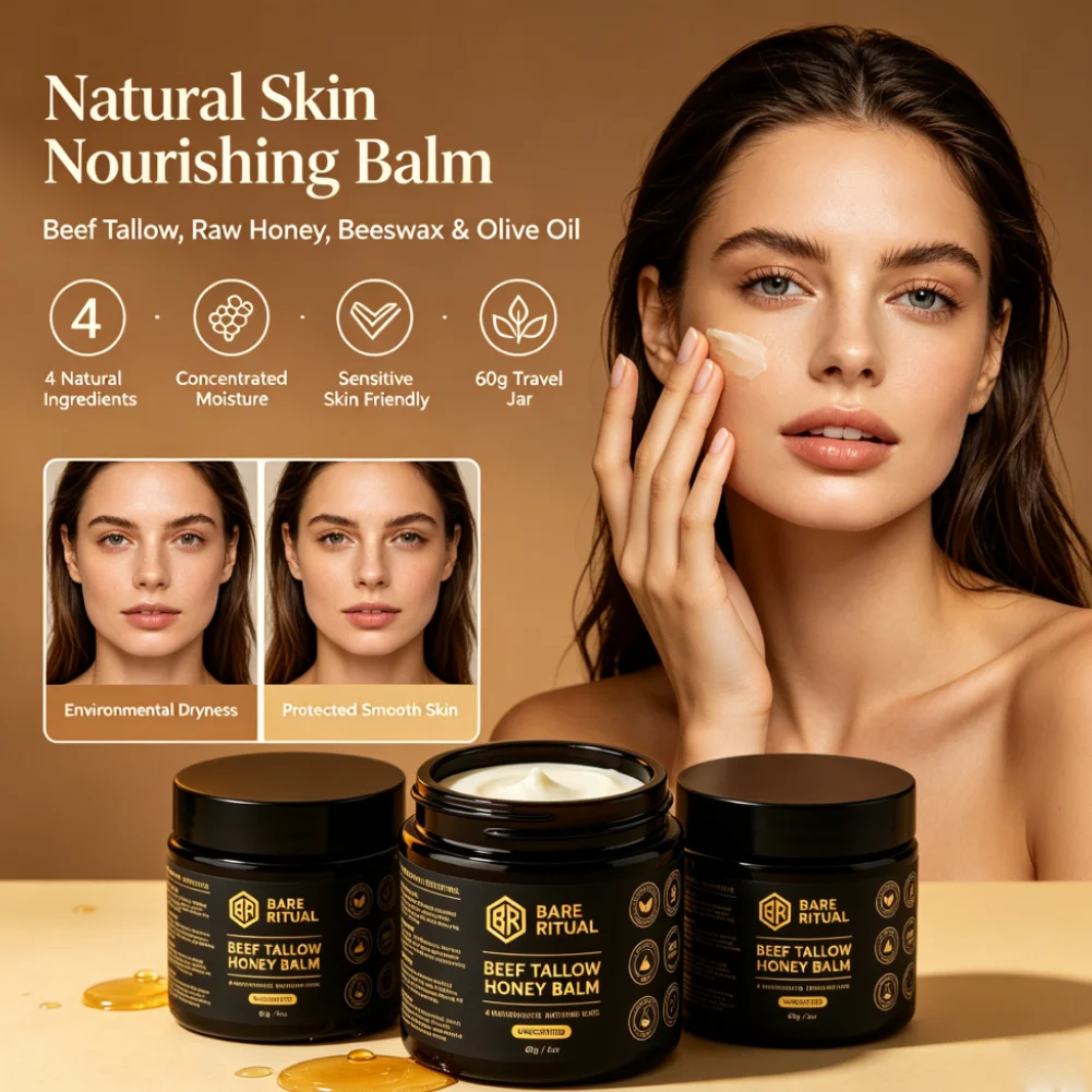 Beef Tallow Honey Balm Raw Honey Olive Oil Moisturizing Cream Barrier Repair Natural Ingredients Unscented for Sensitive Skin