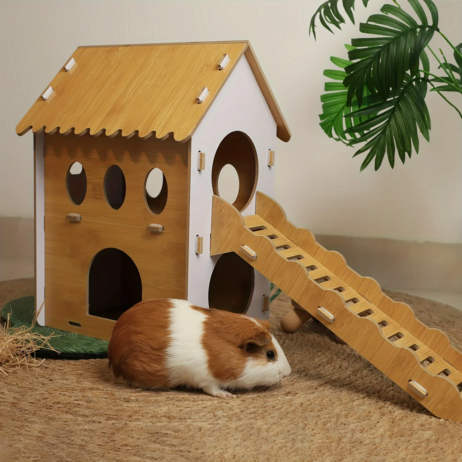 Cozy Wooden Castle Hideout  Spacious 2-Story Hidey with Loft & Stairs - Ideal Rodent Toy Hut for Chinchilla, Hamster, Gerbil, Mi