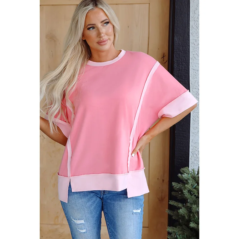 

Spring and Summer New Round Neck Short Sleeve Top for Women Loose Casual Style Color Block SplitTT Shirt Women