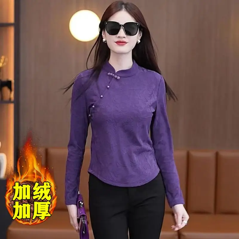 

Дизайн на пуговицах в этническом стиле плюс бархатная рубашка с воротником-стойкой и длинными рукавами, темпераментная нижняя рубашка в стиле ретро, топы для женщин