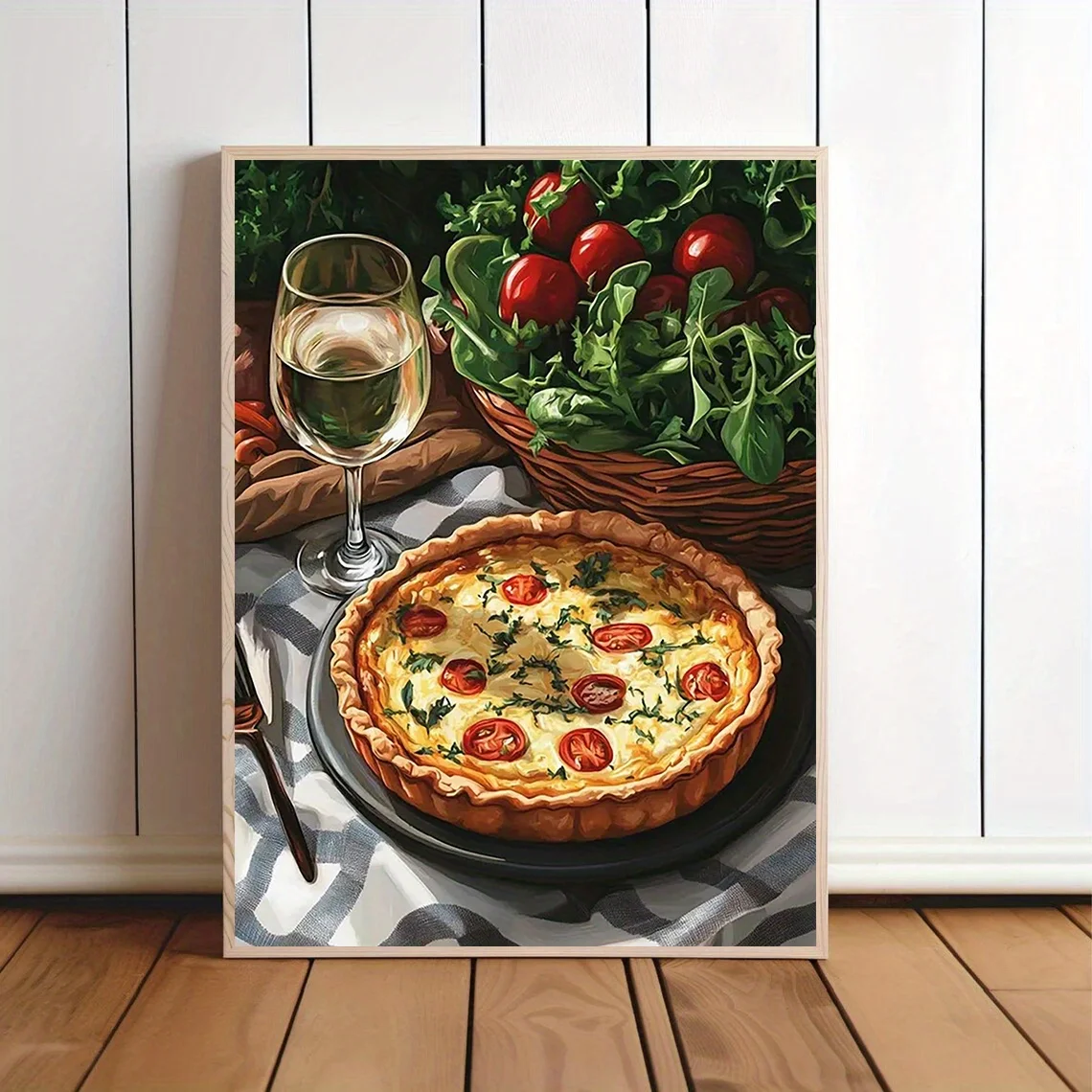 1 pièce, impression sur toile murale sans cadre 12x16 pouces - Art culinaire bohème moderne : Nature morte de quiche lorraine, salade et vin blanc