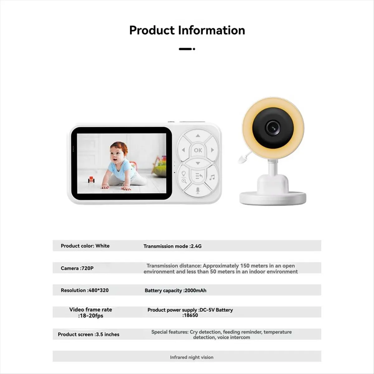 doyme 3.5-Inch Baby Monitor Color Screen Display Temperature Sound Detection Video Intercom Night Vision Security Surveillance
