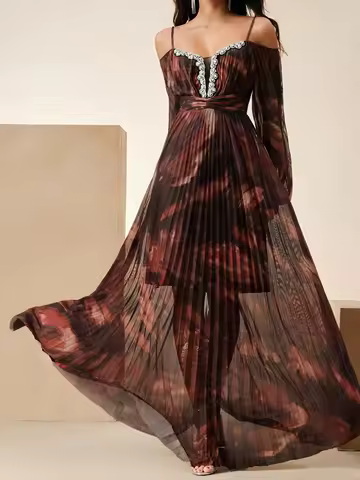 Temperament Lady High Waist Dress Vintage Rhinestone Floral Printed Evening Dress Elegant Off Shoulder Long Sleeve Pleated Dress