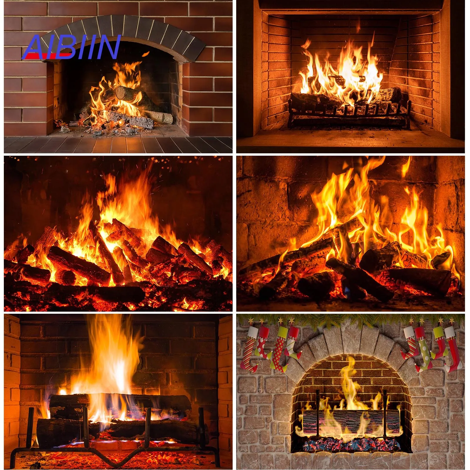 AIBIIN Fireplace Flame Photography Background Winter Brick Wall Stove Party Decoration Family Portrait Photo Zone Studio