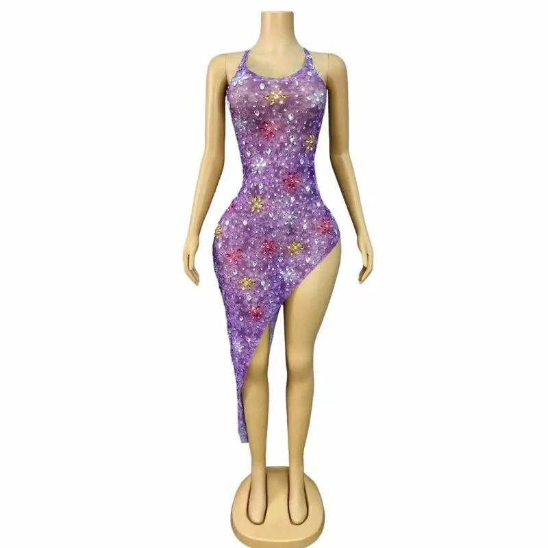 Amarelo roxo strass sexy vestido de malha irregular para festa de aniversário feminino noite celebrar modelo passarela palco mostrar traje
