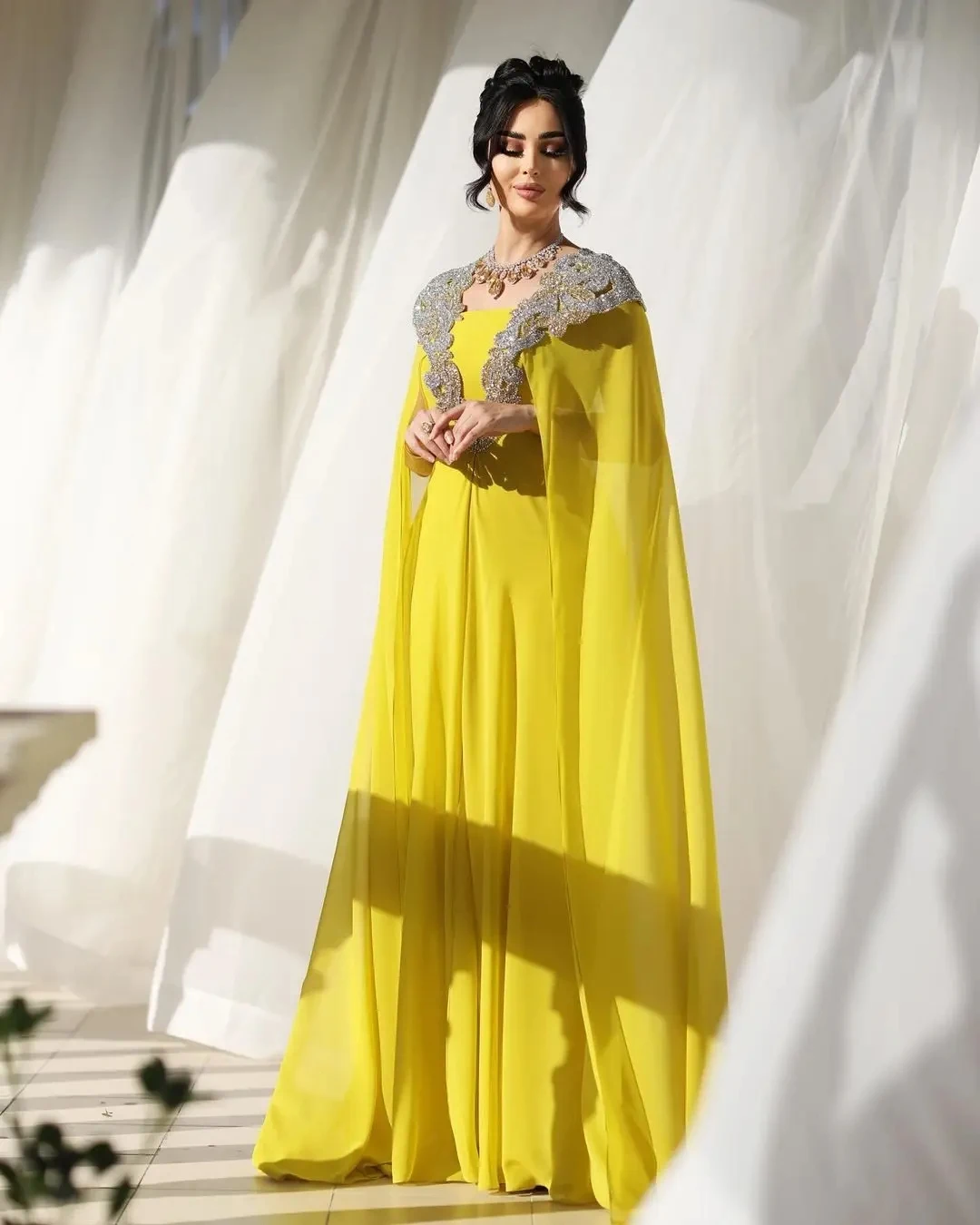 Jirocum personnalisé manches longues perlées robes de soirée en mousseline de soie col carré dos nu longueur de plancher robes de soirée robe de bal formelle