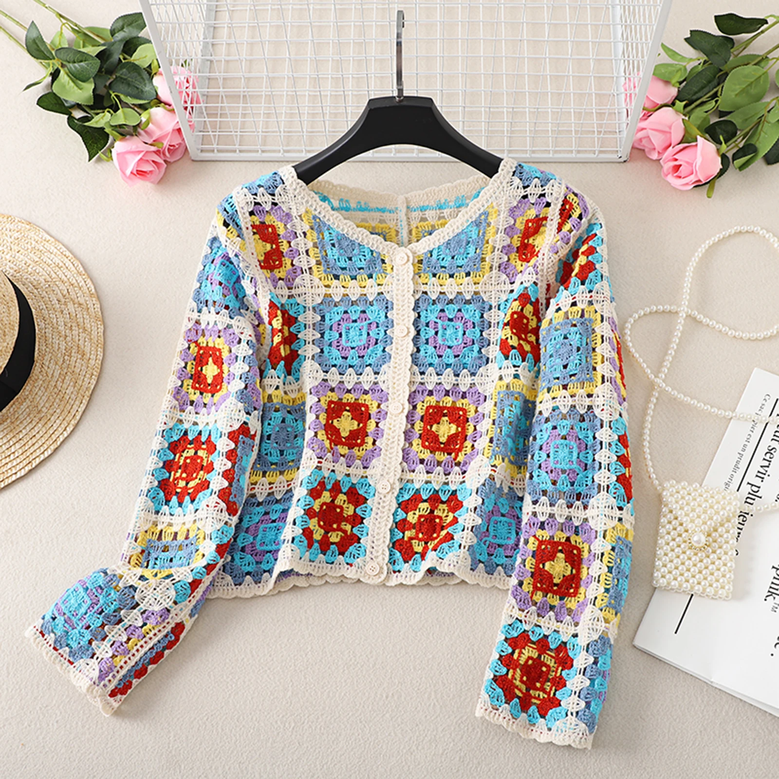 Gaono Women Knit Tops Retro Colorful Square Patchwork V Neck Button Hollow Out Knitwear Casual Crop Cardigan Streetwear