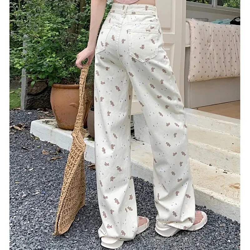 Woman New High Waist Korean Harajuku Wide Leg Jeans Female Fashion Cutecore Pants Girls Y2k Streetwear Pink White Denim Trousers