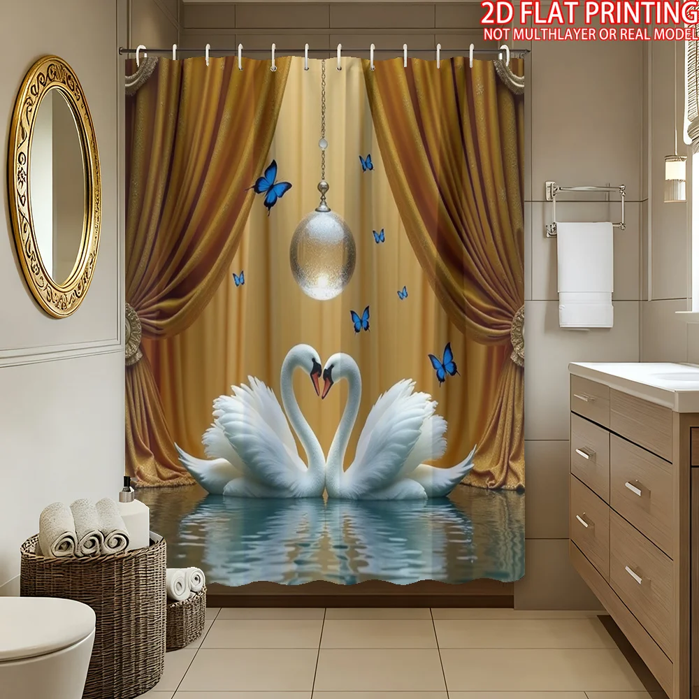 1Romantic Swan Heart Shower Curtain Waterproof Easy to Clean Privacy Protection Print Luxury Theater Art Design Elegant 12 hooks