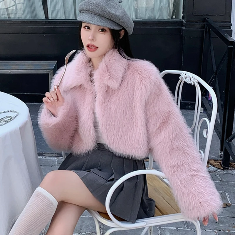 Women Faux Fur Crop Coats Small Fragrance Hairy Long Sleeve Thick Warm Jacket Y2K Streetwear Hottie Harajuku Autumn Winter Tops