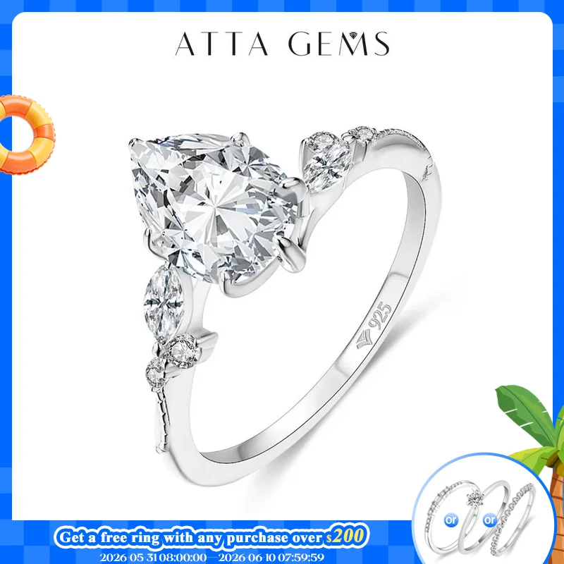 

ATTAGEMS Full Moissanite Ring 7*10mm 2.0CT DVVS1 Pear Shape S925 Sterling Silver For Women Engagement Bride Vintage Jewelry Gift