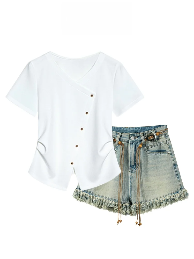 

Slimming Agel plus Size Women's Set V-Ne ort Sve T-irt with Frayed Hem Hot Pants orts Faionable Casual Wear