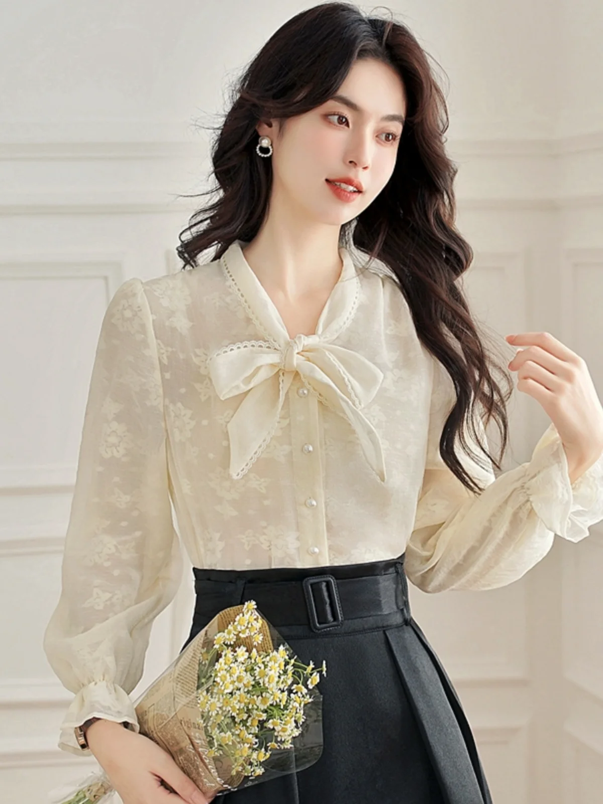 Ele Long Sve Women's irt with Sa And Lace Knot Design Korean Sle Commute Faion Straight Cut