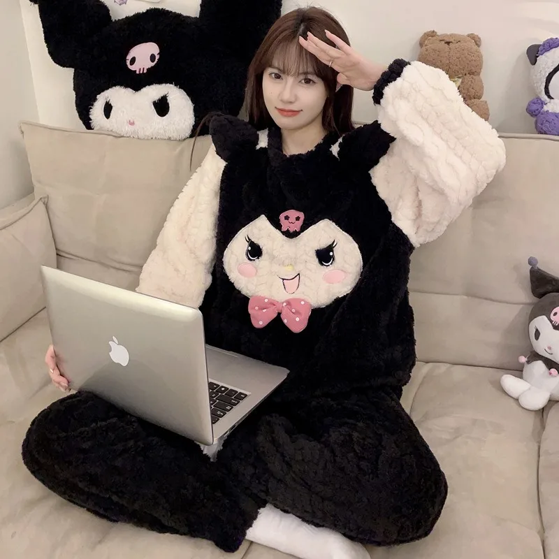 Sanrio Kuromi Cinnamoroll Anime Women Pajamas Winter Thickened Warm Homewear Two-piece Cartoon My Melody Plush Nightgown Set