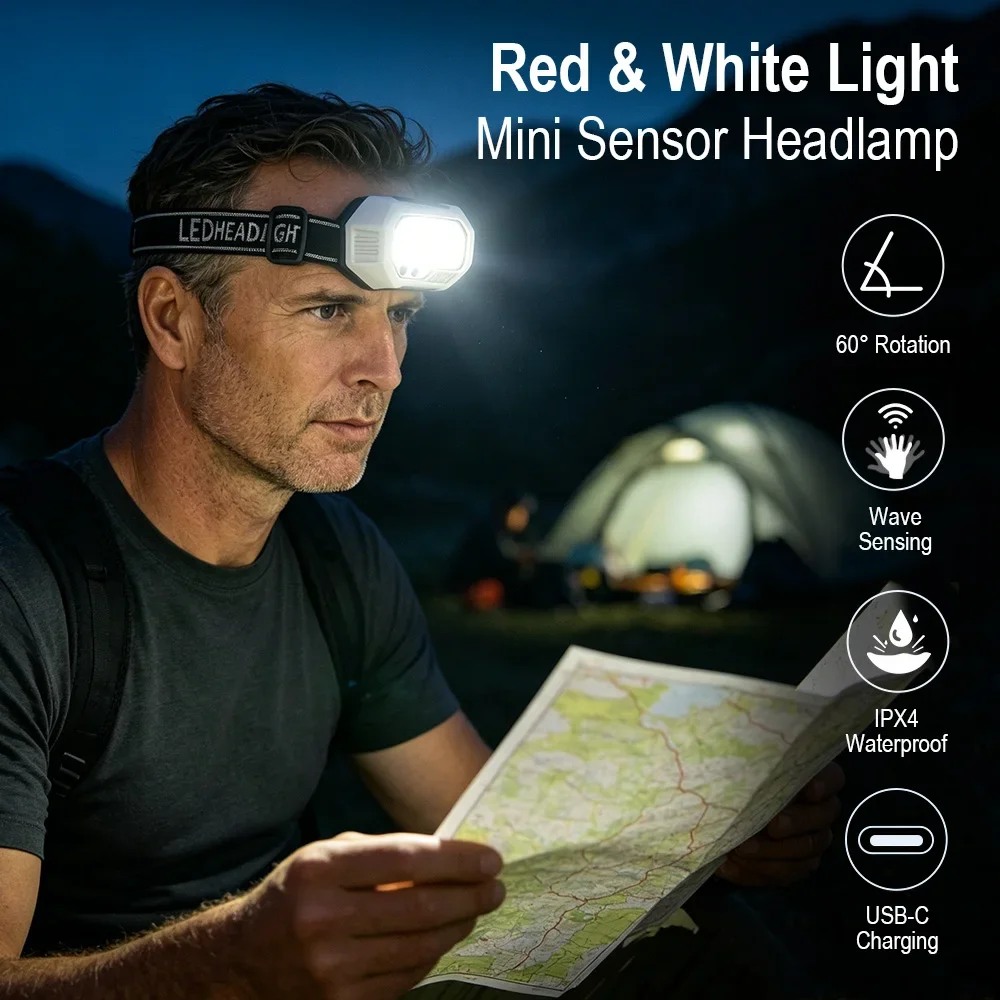 BORUiT Powerful Sensor Headlamp Dual White Red Light 7 Modes USB Charging Head Flashlight for Outdoor Camping Fishing Working